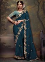 Fancy Blue Party Wear Embroidery Work Saree